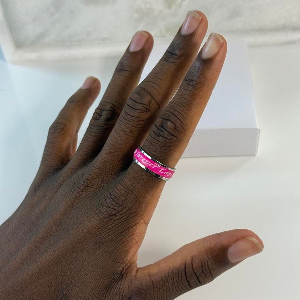 Pink Forever Love Ring Silver Band Enamel Inlay Mens Size 10 Y2K Accessory